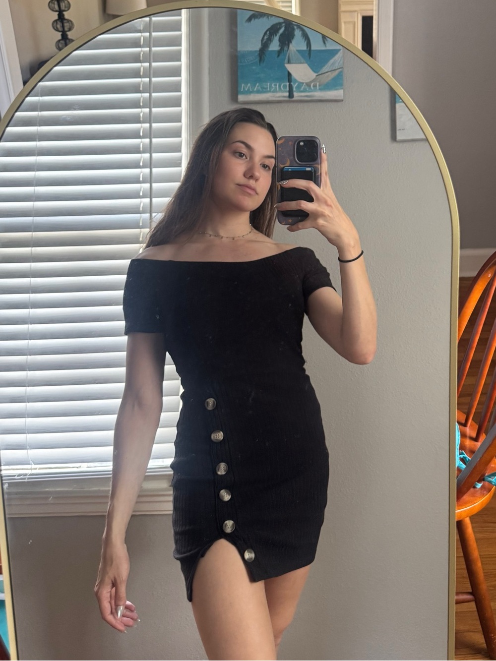 Black Off-Shoulder Knit Ribbed Button Mini Dress
